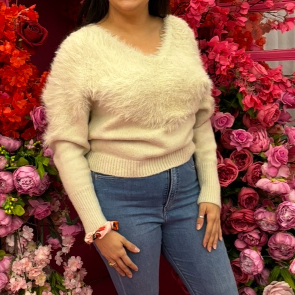 Express Cream V-Neck Sweater with Plush Texture